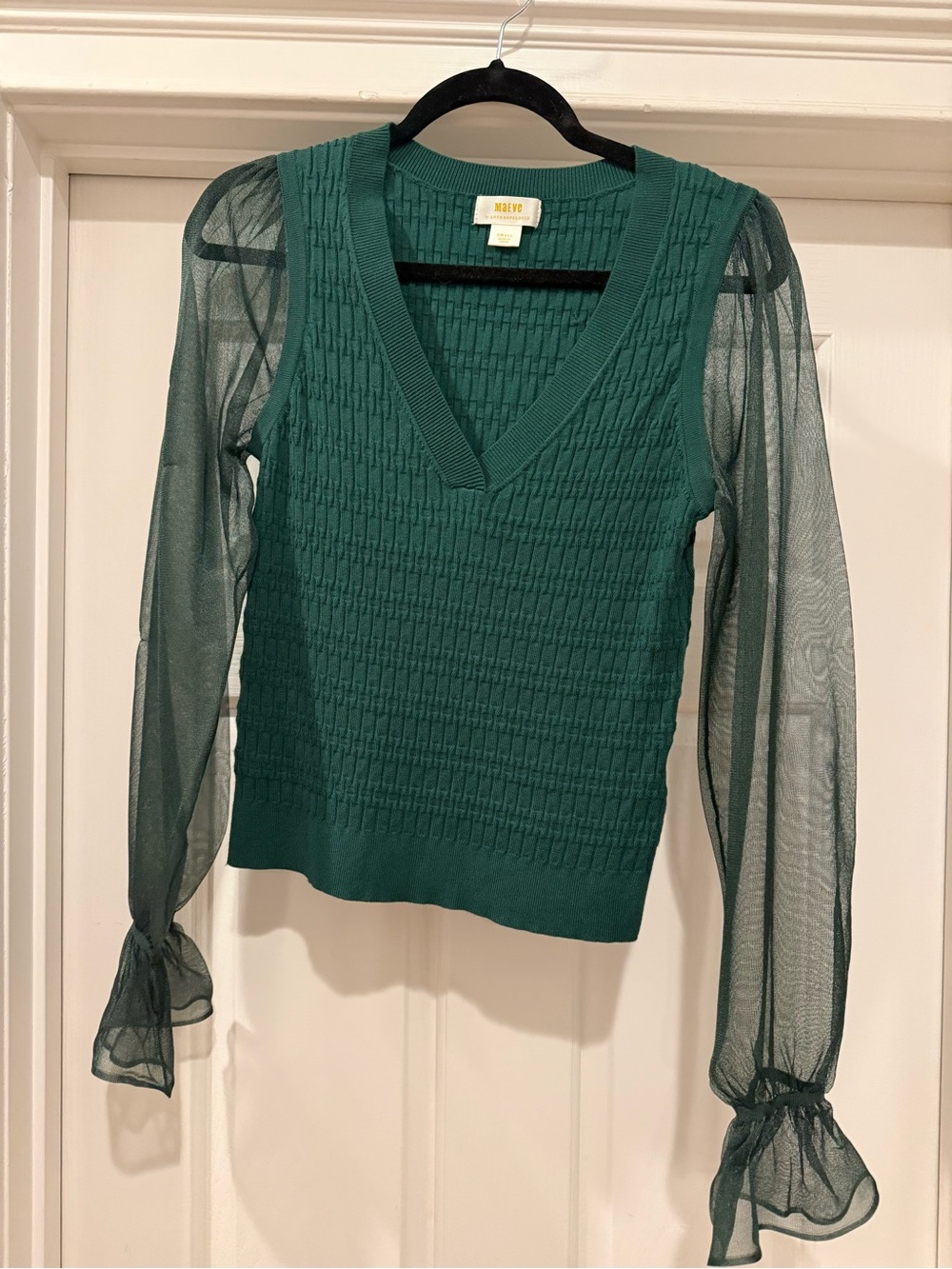 Anthropologie Forest Green V-Neck Knit Top with Sheer Sleeves